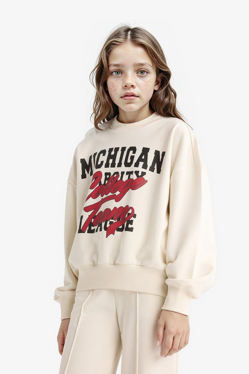 DeFacto Beige Girl Girl Printed Sweatshirt Sweatpants 2 Piece Set Casual - Image 5